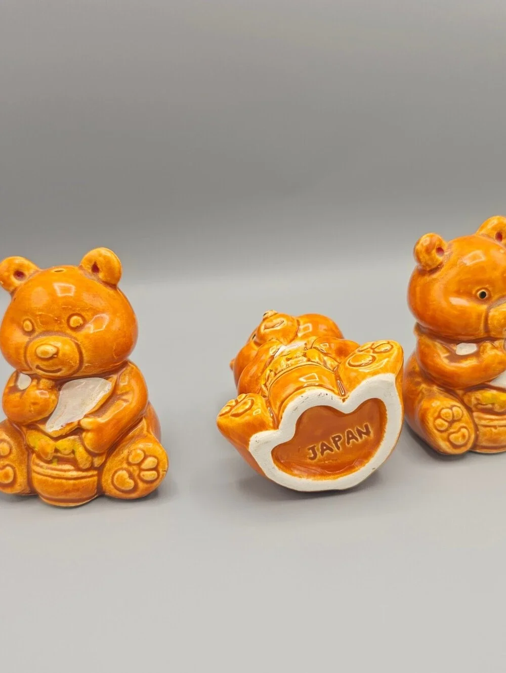 Vintage Ceramic Bear Honey Pot Set from Japan